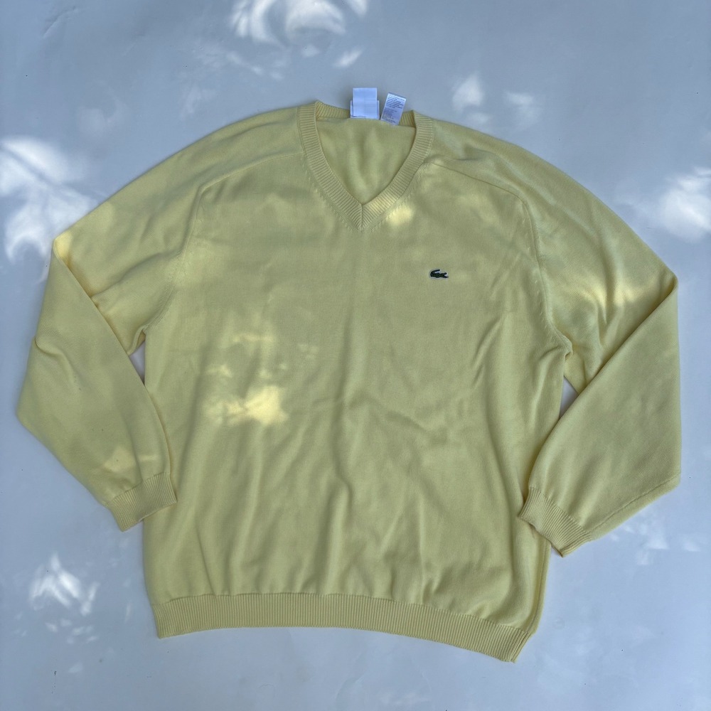 Lacoste Mens V-Neck Sweater Size 6 Large Pastel Yellow Cotton Knit Logo Pullover